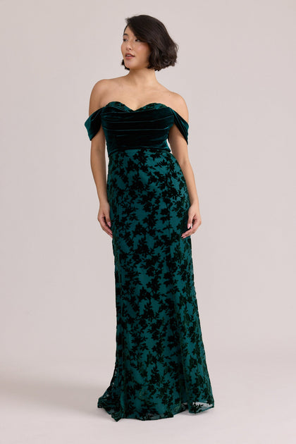 Quincy Velvet + Floral Burnout Velvet Dress | Made To Order | Classic Emerald Velvet / Classic Emerald Burnout Velvet