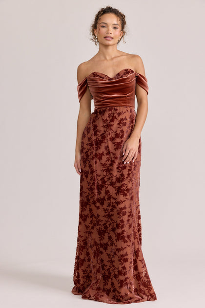 Quincy Velvet + Floral Burnout Velvet Dress | Made To Order | Terracotta Velvet / Terracotta Burnout Velvet