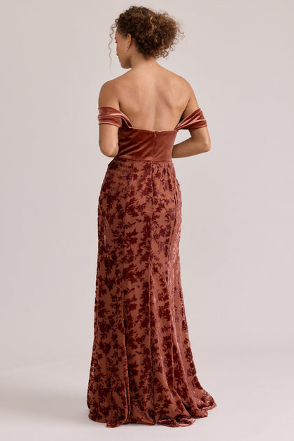 Quincy Velvet + Floral Burnout Velvet Dress | Made To Order | Terracotta Velvet / Terracotta Burnout Velvet