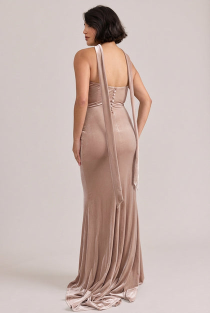 Model: Clarissa; Size: 6; Color: Champagne, Velvet Skinny Scarf sold separately.