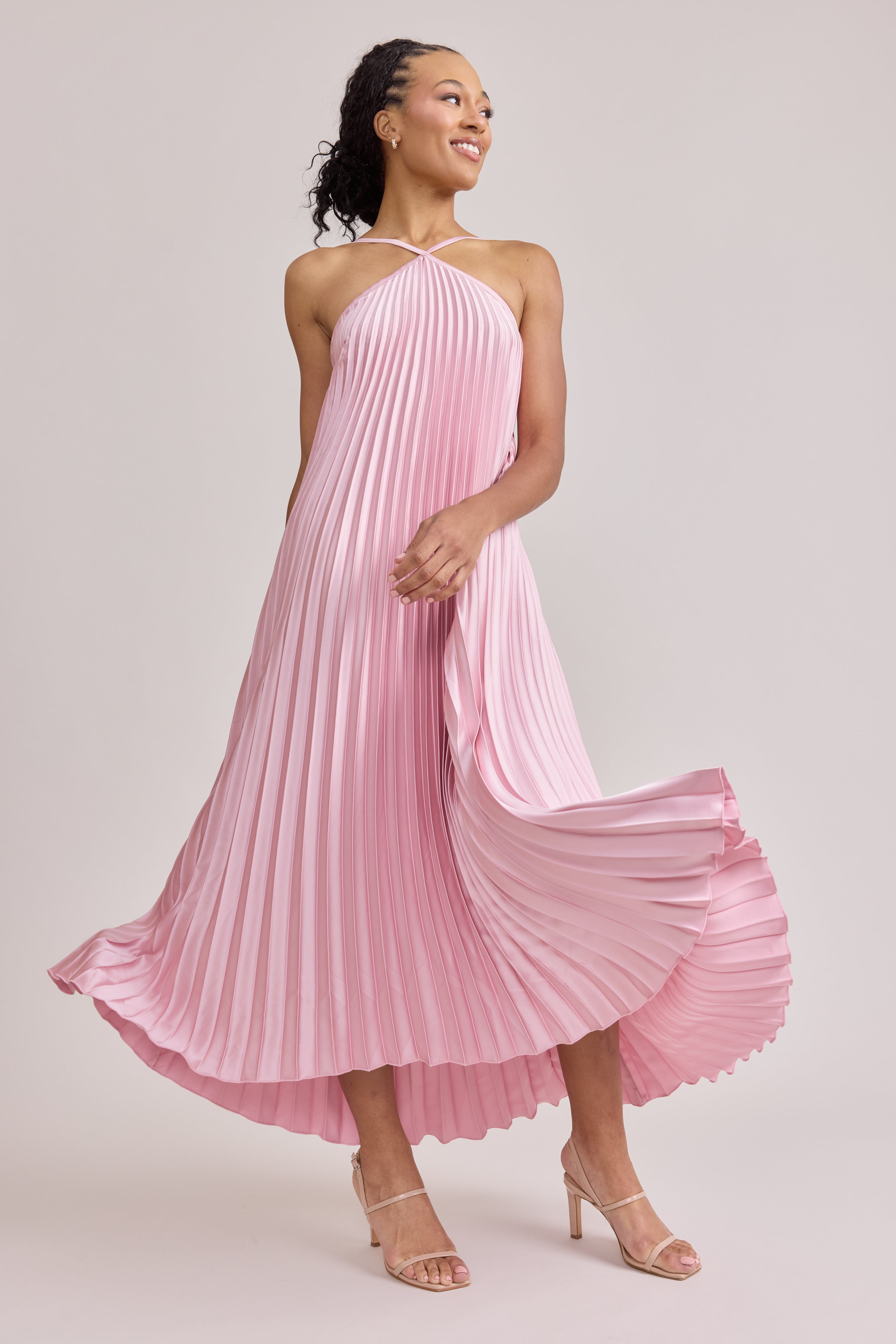 open lace back dress Rayne Satin Pleated Dress