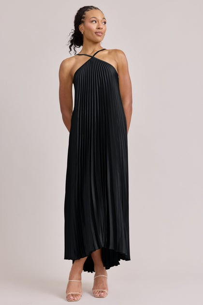 Rayne Satin Pleated Dress | Made To Order | Black