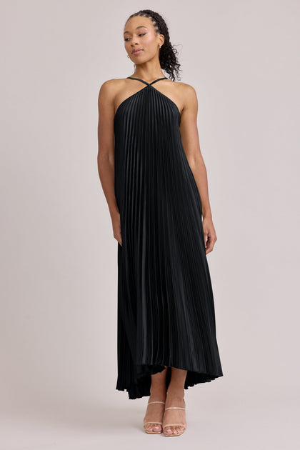 Rayne Satin Pleated Dress | Made To Order | Black