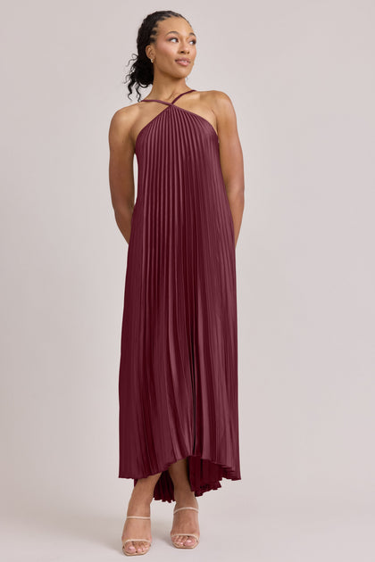 Rayne Satin Pleated Dress | Made To Order | Cabernet