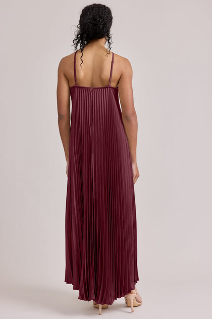 Rayne Satin Pleated Dress | Made To Order | Cabernet