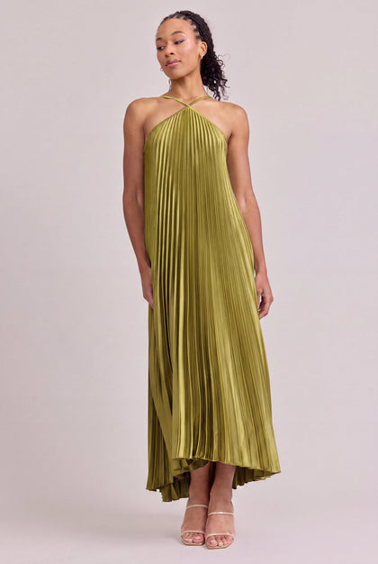 Rayne Satin Pleated Dress | Made To Order | Chartreuse