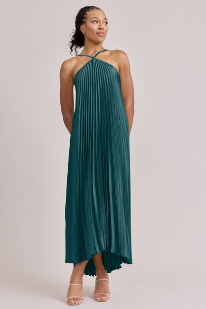 Rayne Satin Pleated Dress | Made To Order | Classic Emerald