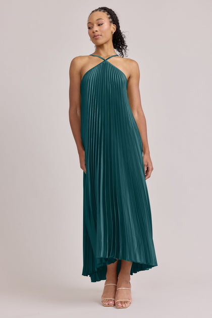 Rayne Satin Pleated Dress | Made To Order | Classic Emerald