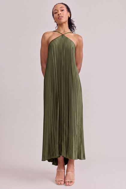 Rayne Satin Pleated Dress | Made To Order | Deep Olive