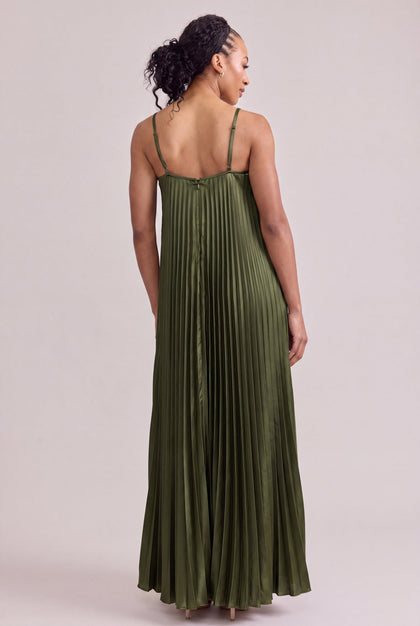 Rayne Satin Pleated Dress | Made To Order | Deep Olive