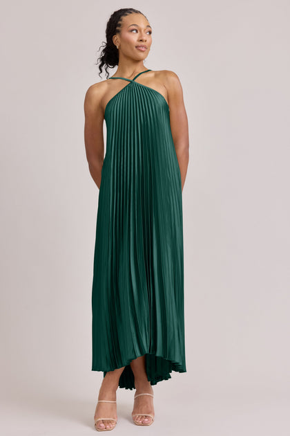 Rayne Satin Pleated Dress | Made To Order | Emerald