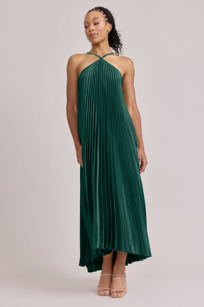 Rayne Satin Pleated Dress | Made To Order | Emerald