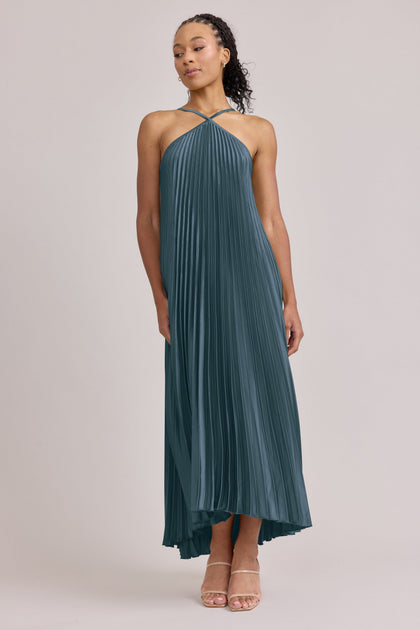 Rayne Satin Pleated Dress | Made To Order | Eucalyptus