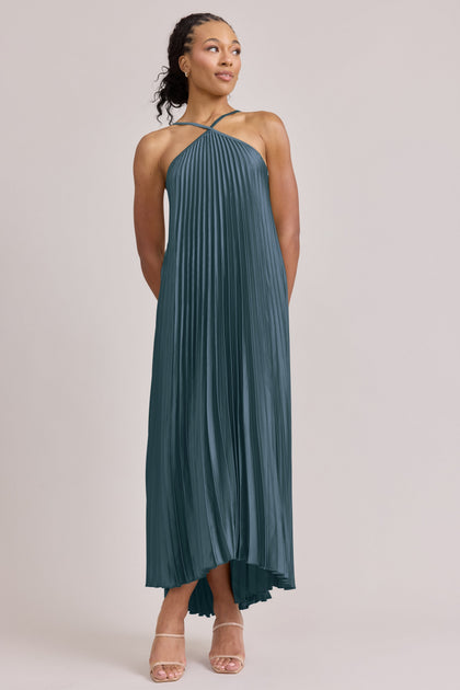 Rayne Satin Pleated Dress | Made To Order | Eucalyptus