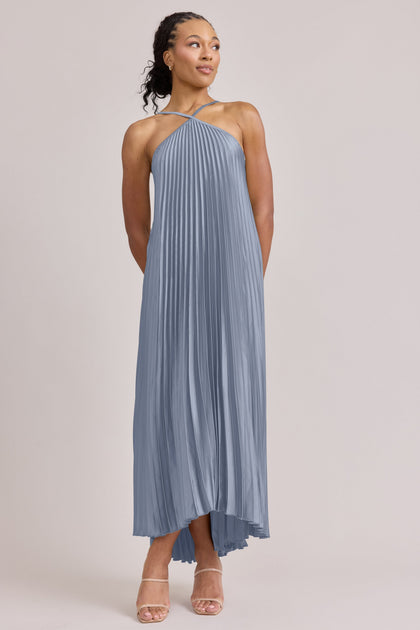 Rayne Satin Pleated Dress | Made To Order | French Blue