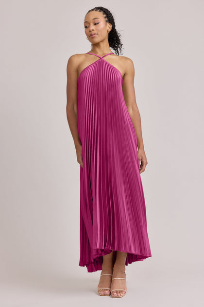 Rayne Satin Pleated Dress | Made To Order | Fuchsia