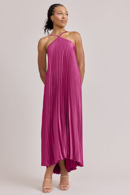 Rayne Satin Pleated Dress | Made To Order | Fuchsia