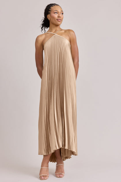 Rayne Satin Pleated Dress | Made To Order | Honey Beige