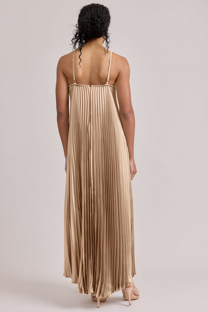 Rayne Satin Pleated Dress | Made To Order | Honey Beige