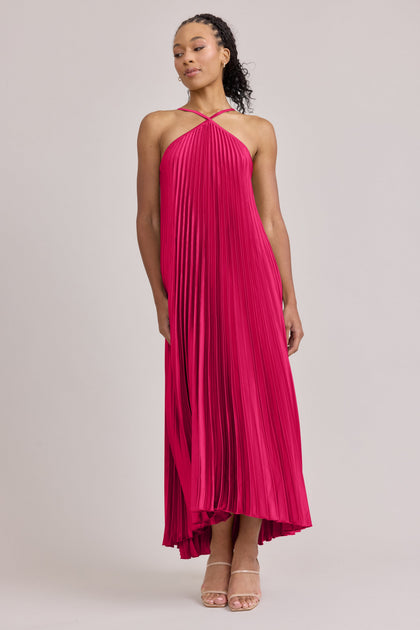 Rayne Satin Pleated Dress | Made To Order | Hot Pink
