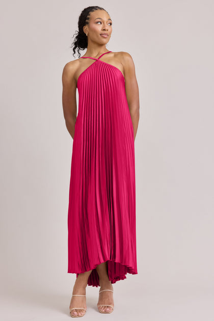 Rayne Satin Pleated Dress | Made To Order | Hot Pink