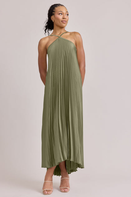 Rayne Satin Pleated Dress | Made To Order | Moss
