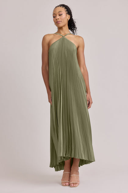 Rayne Satin Pleated Dress | Made To Order | Moss