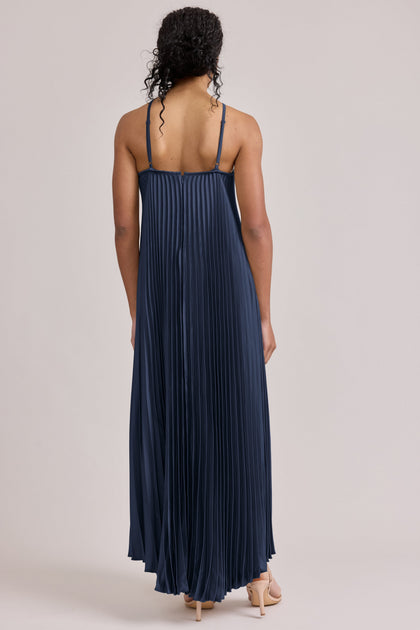 Rayne Satin Pleated Dress | Made To Order | Navy Blue