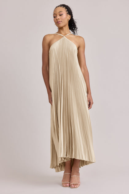 Rayne Satin Pleated Dress | Made To Order | Yellow