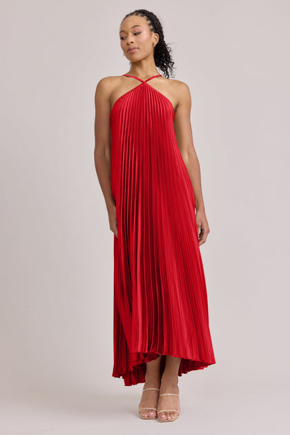 Rayne Satin Pleated Dress | Made To Order | Poppy Red