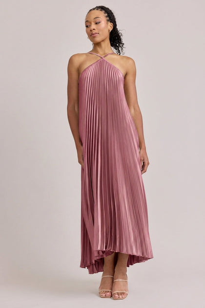 Rayne Satin Pleated Dress | Made To Order | Raspberry