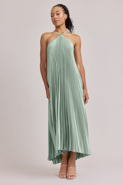 Rayne Satin Pleated Dress | Made To Order | Sage