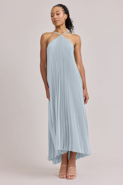 Rayne Satin Pleated Dress | Made To Order | Sky Blue