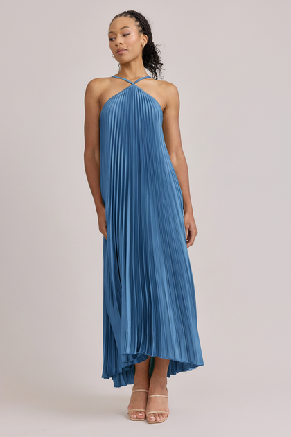 Rayne Satin Pleated Dress | Made To Order | True Blue