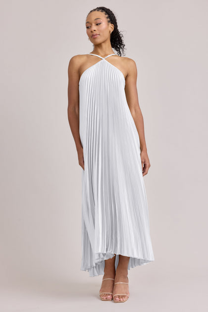 Rayne Satin Pleated Dress | Made To Order | White Pearl