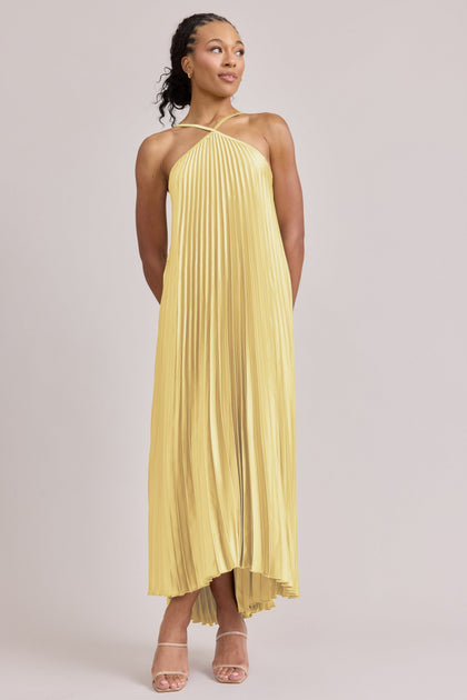 Rayne Satin Pleated Dress | Made To Order | Yellow
