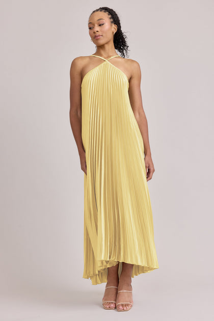 Rayne Satin Pleated Dress | Made To Order | Yellow