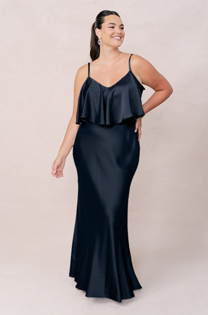 Riley Convertible Satin Dress | Made To Order | Navy Blue