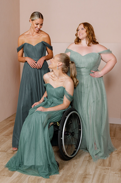 Model on Left: Molly; Size: 4; Color: Eucalyptus | Model in Middle: Alexandria; Size: 4; Color: Rosemary | Model on Right: Lynley; Size: 24; Color: Sage