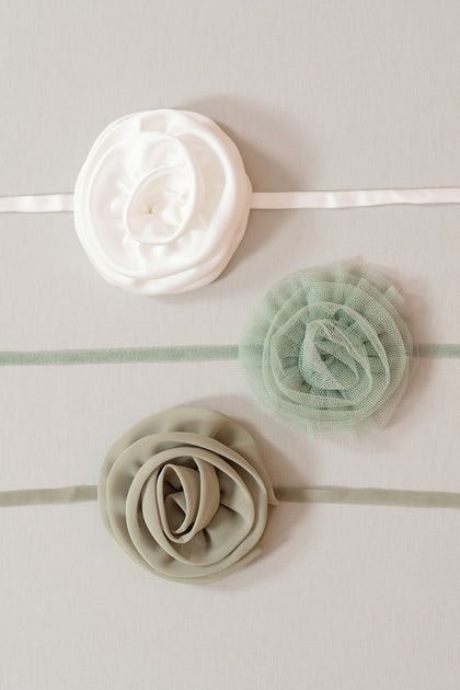 From top to bottom: Rose Neck Ties in White Pearl Satin, Sage Tulle, Silver Sage Chiffon