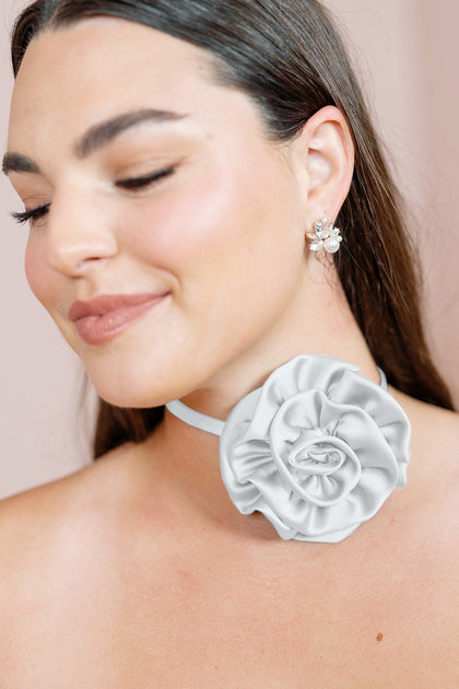 Satin Rose Neck Tie | Made To Order | White Pearl