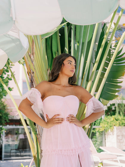 Model: Irene; Size: M; Color: Baby Pink styled with the Nicola Dress in Baby Pink Tulle