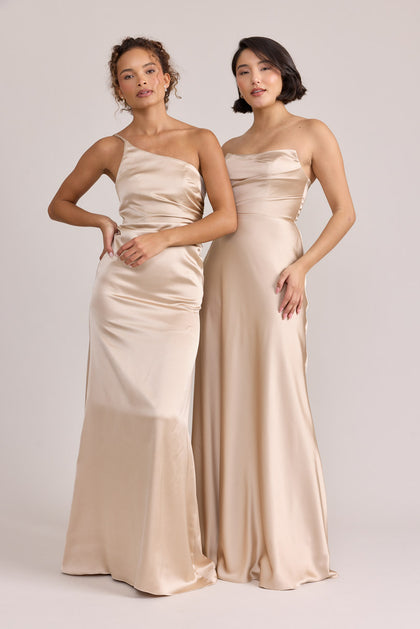 Kira Satin Dress (L), Rumi Satin Dress (R)