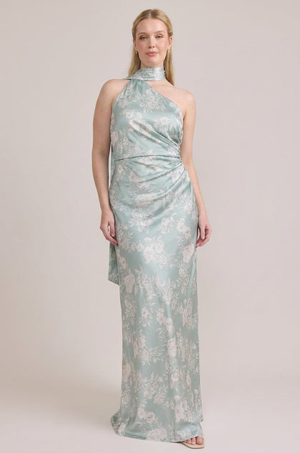 Imani Satin Floral Print Dress | Made To Order | Sage and Champagne Bouquet