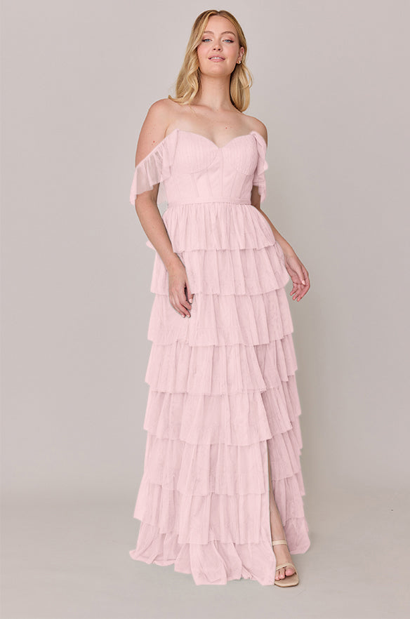 pastel pink tulle dress Baby Pink Pleated Tiered Tulle Fairy Formal Prom Dress