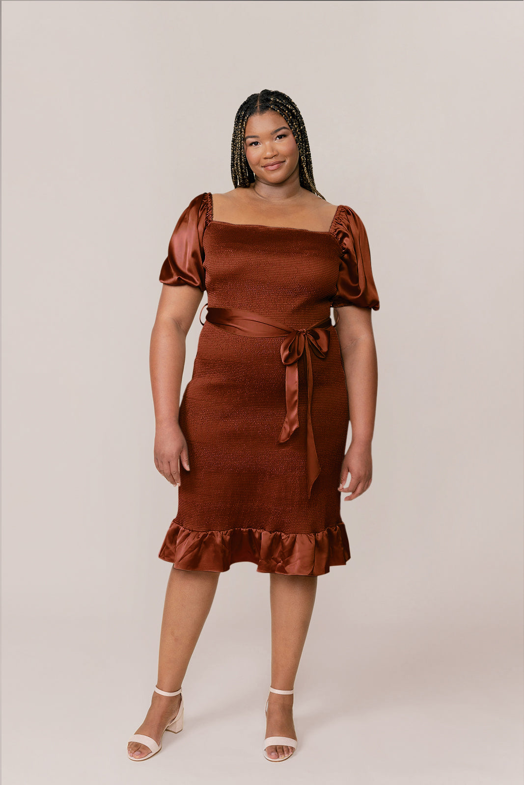 Sample Rust Dallas Satin Shirring Dress