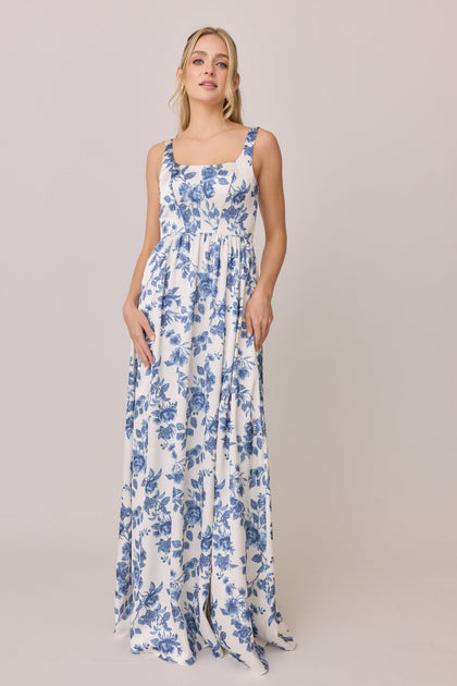 Satin Floral Print Mega Swatch | Dusty Blue Bouquet