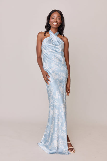 Satin Floral Print Mega Swatch | Sky Blue Bouquet