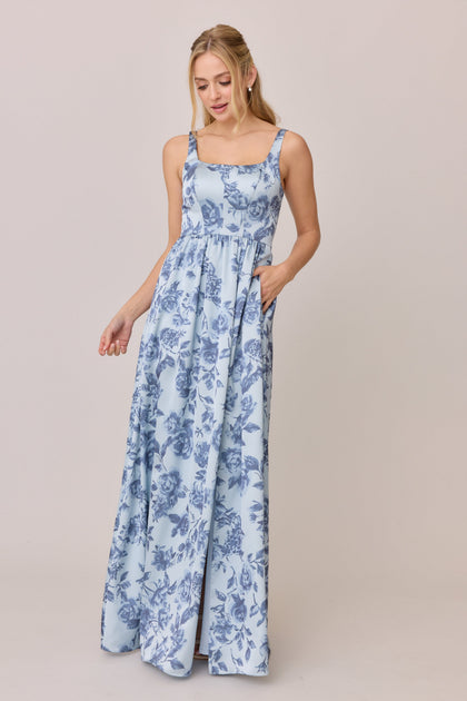 Satin Floral Print Mega Swatch | Sky Blue Garden