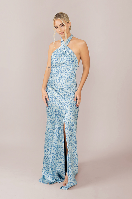 Satin Floral Print Mega Swatch | Sky Blue Posey